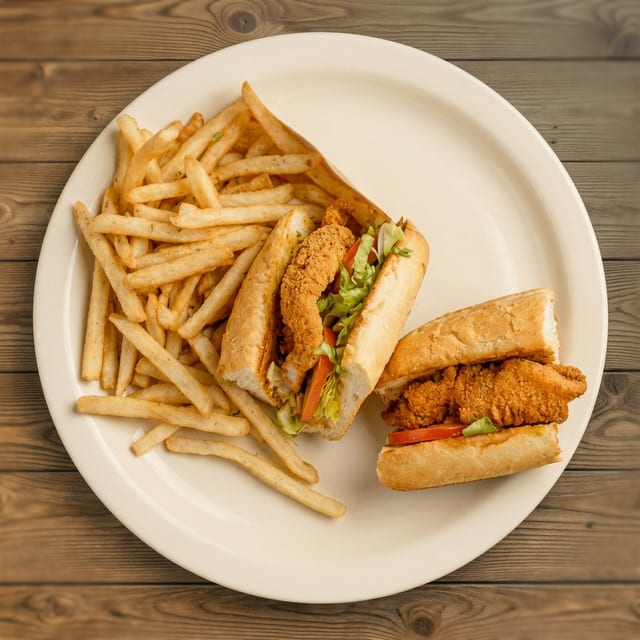 Fish Po-Boy and French Fries.